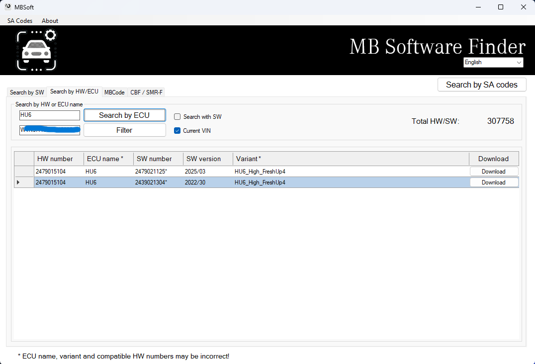 Filter by current VIN and ECU